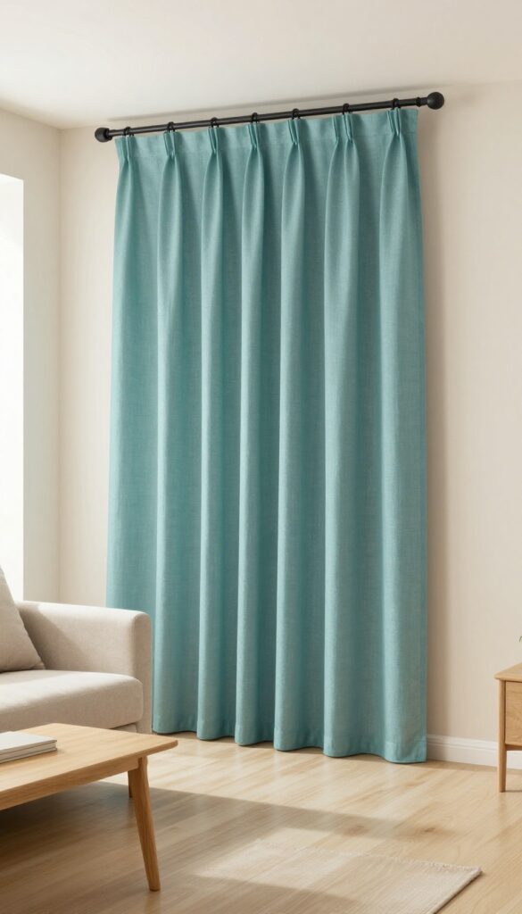 Living room with floor-to-ceiling teal linen curtains, neutral walls, and light wood floors, bright natural light