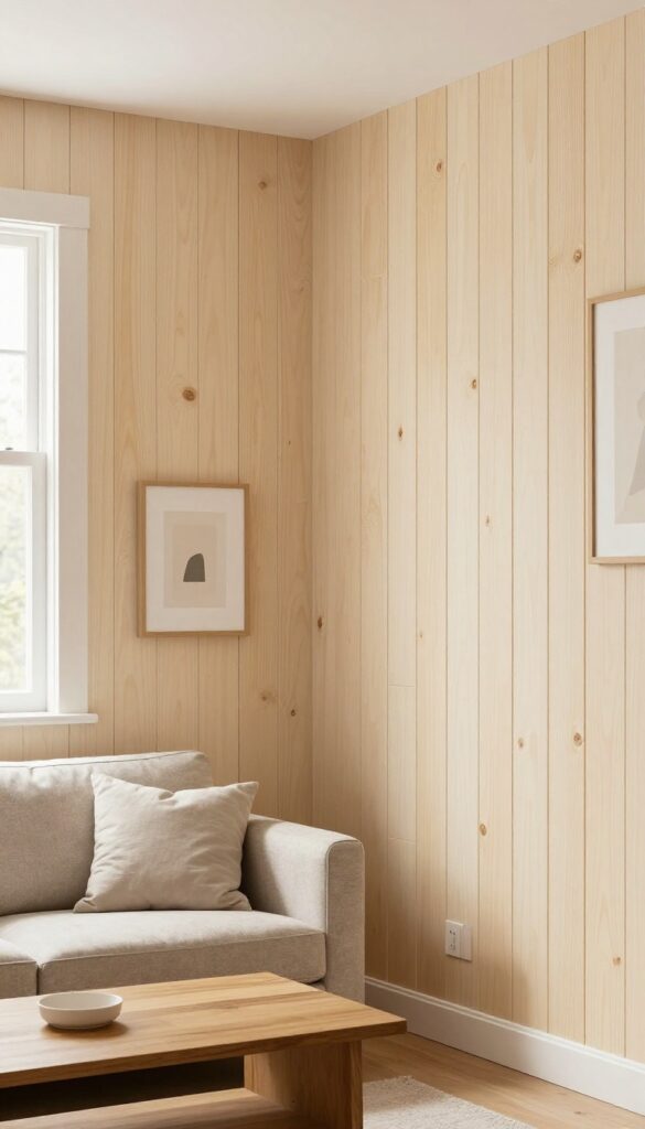 Living room with vertical shiplap wall in warm white, plywood strips with gaps, low ceiling, bright natural light, neutral sofa, coffee table, framed art.