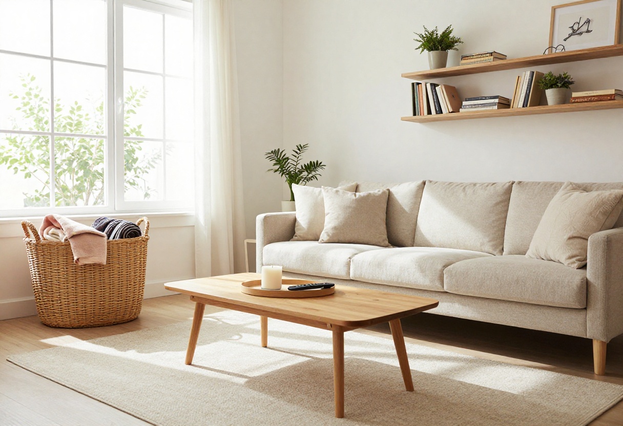 Cozy living room with storage-smart decor, featuring a woven basket, coffee table tray, and soft throws.