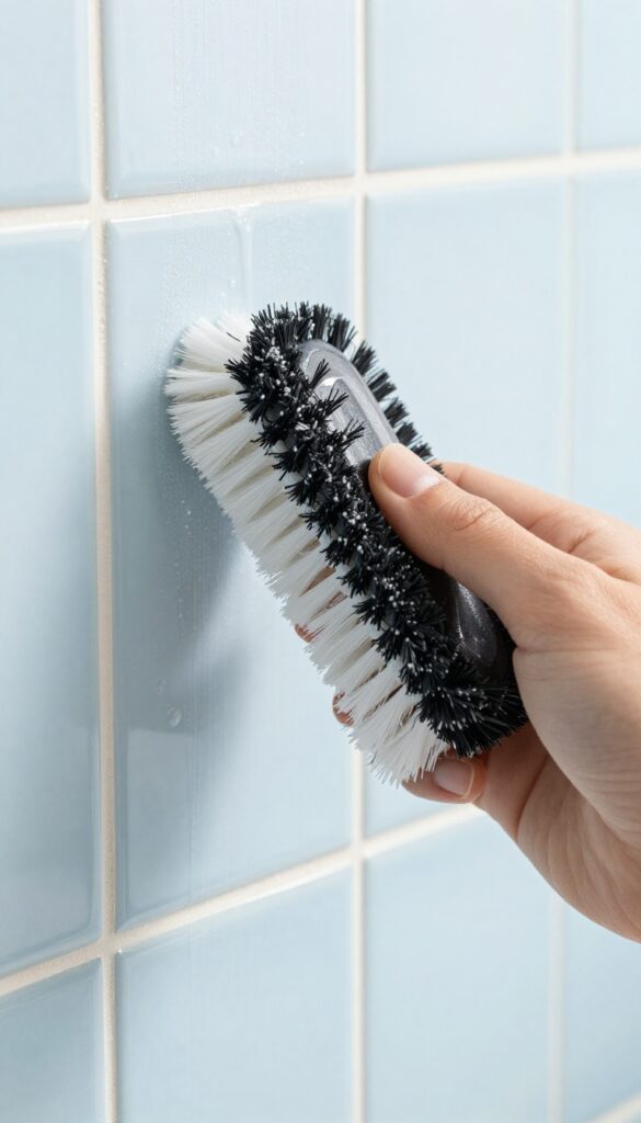 Hand scrubbing shower tile grout with a grout brush