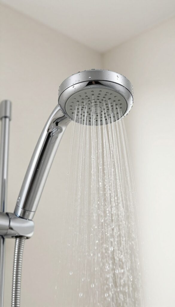 Close-up of a chrome shower head being rinsed under warm running water in a bright bathroom
