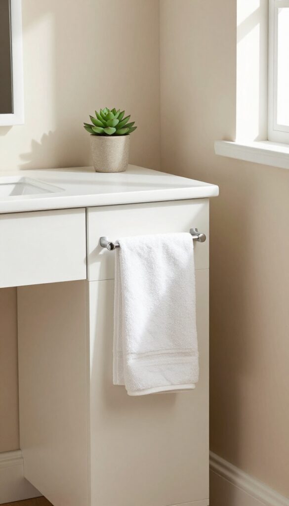 Compact vanity with towel rack side panel in living room corner, natural light, clean and organized