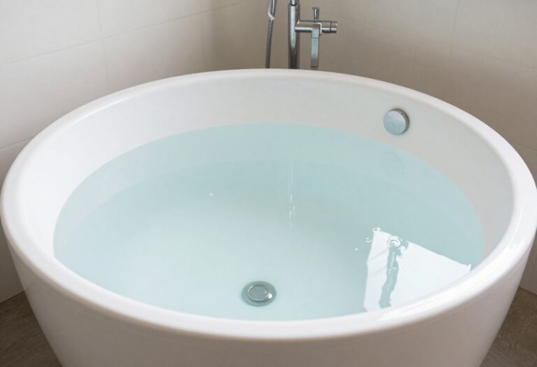 Clean jetted bathtub with clear water and soft lighting
