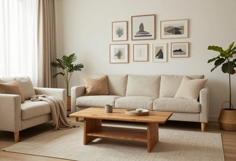 Cozy living room with thrifted furniture, layered rugs, and DIY art in natural light