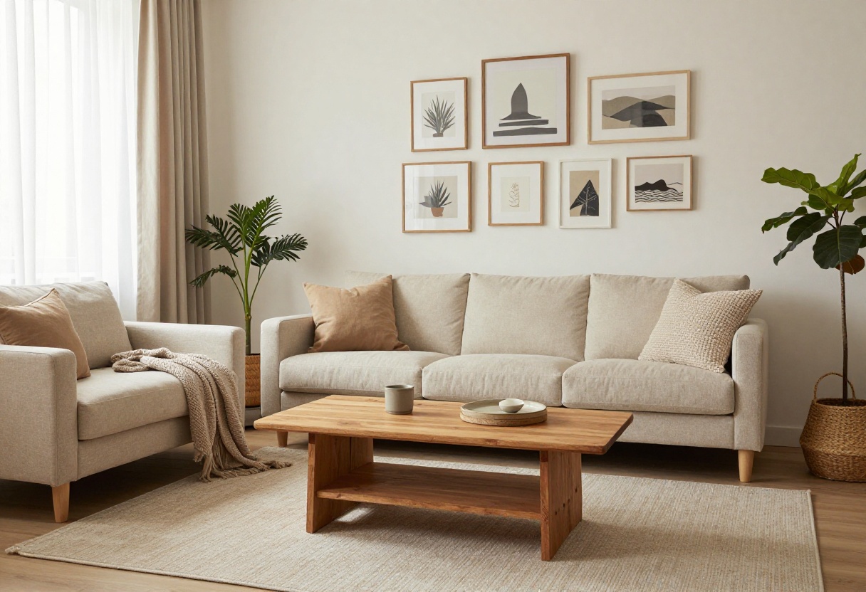 Cozy living room with thrifted furniture, layered rugs, and DIY art in natural light