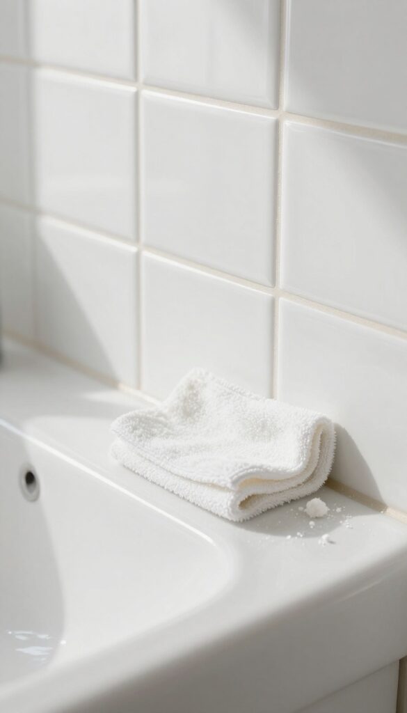 Hand buffing ceramic tile with cornstarch on a microfiber cloth in a bright bathroom