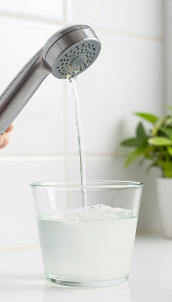 Shower head soaking in a bowl of white vinegar to remove mineral deposits