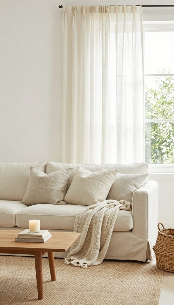 Modern cottage living room with cream slipcovered sofa, textured pillows, chunky knit throw, jute rug, and wooden coffee table in natural light.