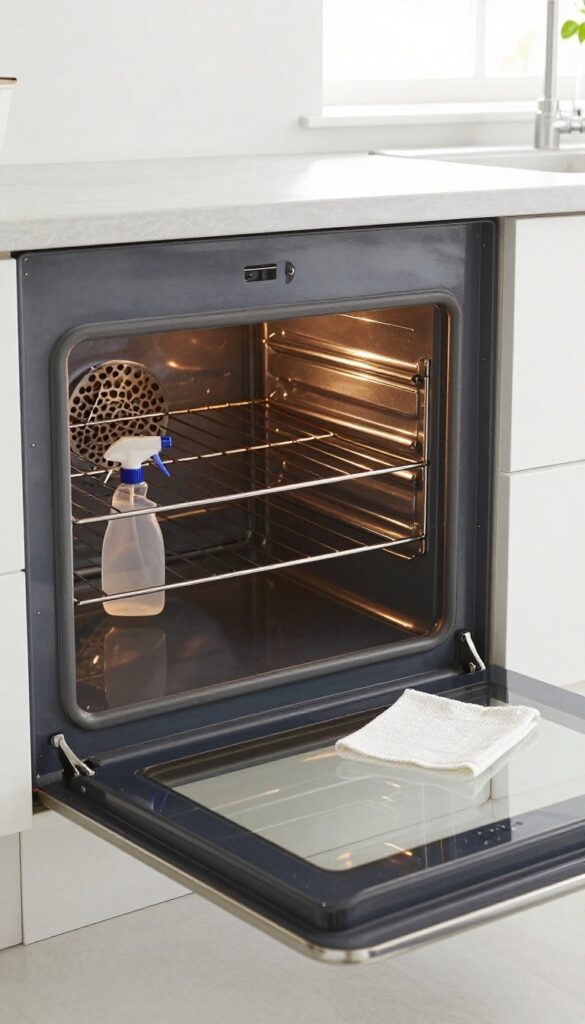 Non-toxic oven cleaner spray on a clean oven rack with a cloth, bright kitchen lighting