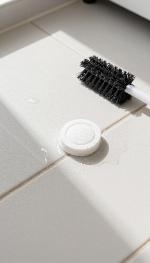 Dishwasher tablet dissolving in water on a kitchen tile floor with dirty grout lines, scrub brush nearby.