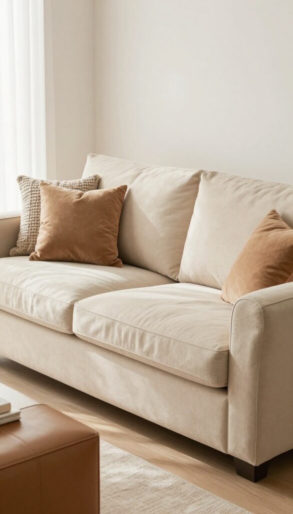 Living room with a slipcovered sofa in warm beige, styled with textured throw pillows and a leather ottoman, bright natural light.
