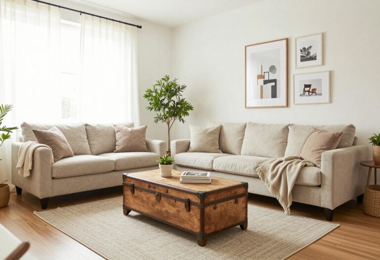 Cozy budget-friendly living room with neutral sofa, layered rugs, and gallery wall