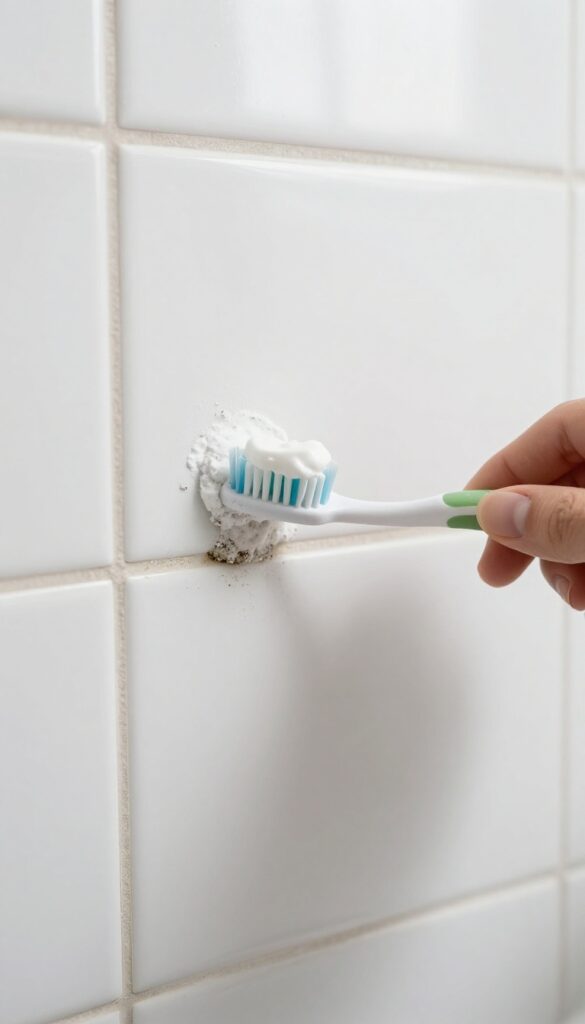 Hand scrubbing grout with toothbrush and toothpaste-baking soda paste.