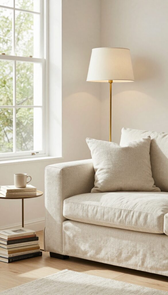 Beige sofa with floor lamp casting warm ambient light in a cozy living room