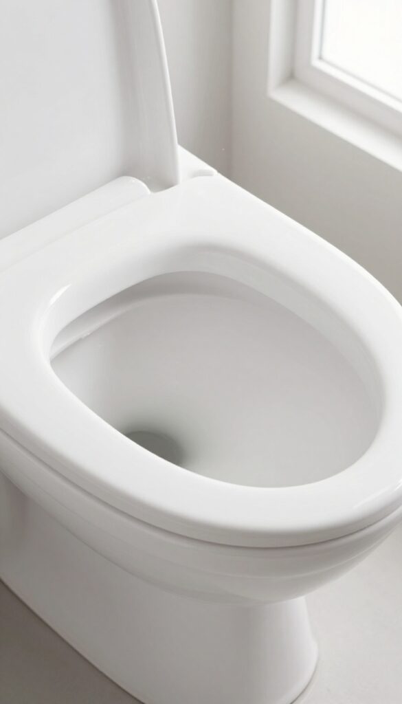 Close-up of a clean toilet bowl with a toilet brush inside, bright natural light, minimalist bathroom.