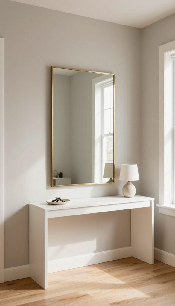 Living room alcove with mirror and console table combo, minimal decor, bright natural light