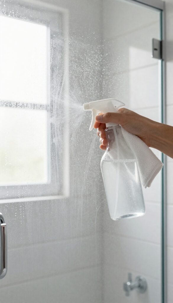Spraying vinegar and water solution on a glass shower door with a spray bottle