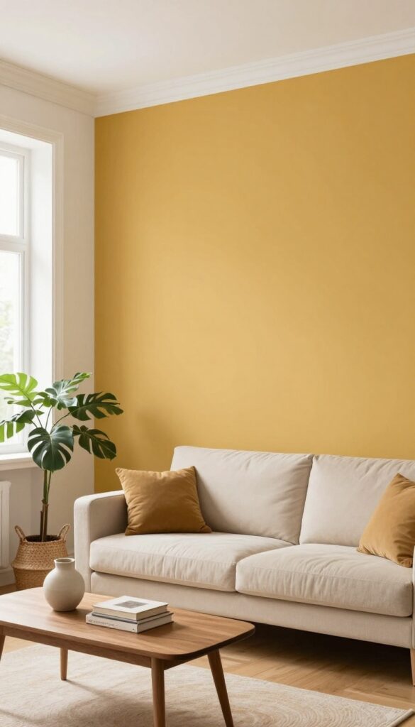 Golden ochre accent wall in a bright small living room with neutral furniture and natural light