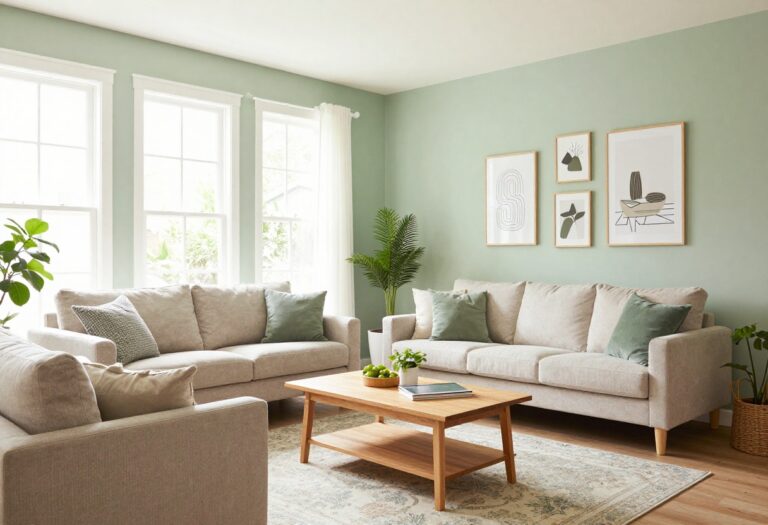 Bright living room with sage green painted wall, natural light, and cozy furniture
