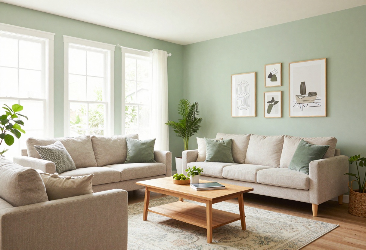 Bright living room with sage green painted wall, natural light, and cozy furniture