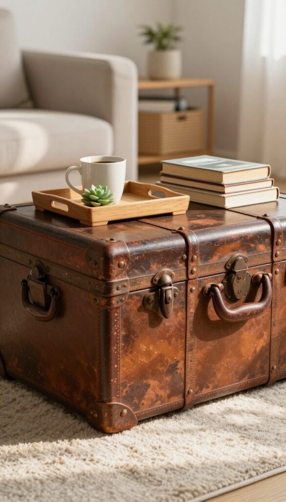 Vintage trunk coffee table with tray and books in bright living room