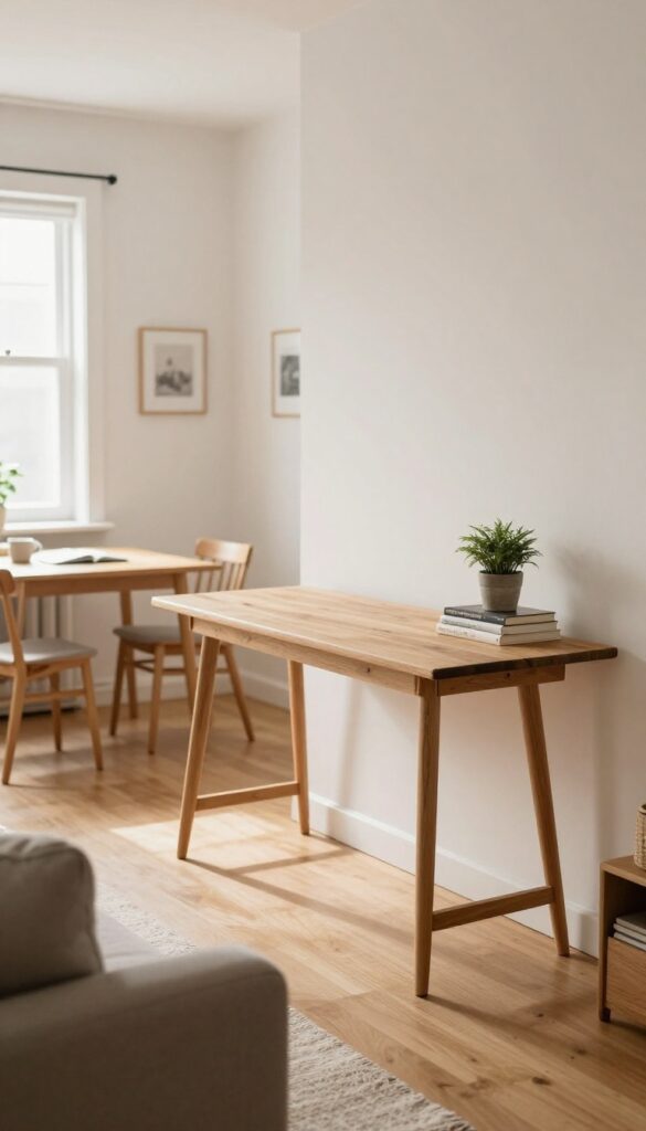A desk used as a room divider in an open-plan living room, with a plant and books on top, separating the living area from the dining zone.