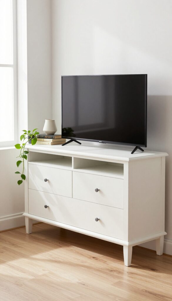 A vintage dresser repurposed as a TV stand in a bright living room corner, with open top cubby for TV and decorative accessories.