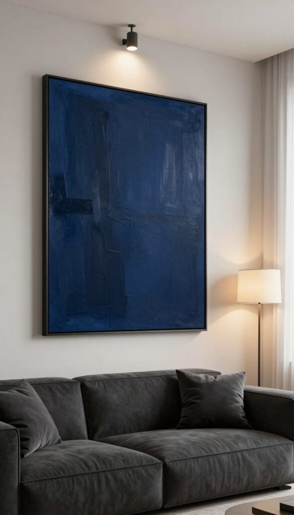 Moody living room with large abstract art piece in deep blues and blacks, simple frame, plush sofa, warm lighting.