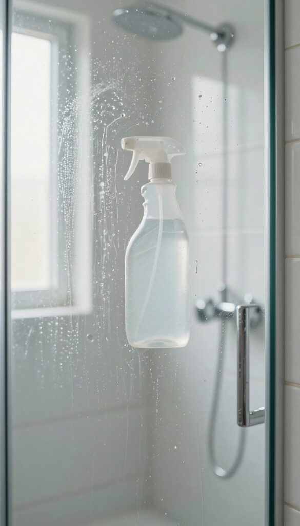 Spraying vinegar and dish soap solution on a glass shower door to clean soap scum and hard water stains