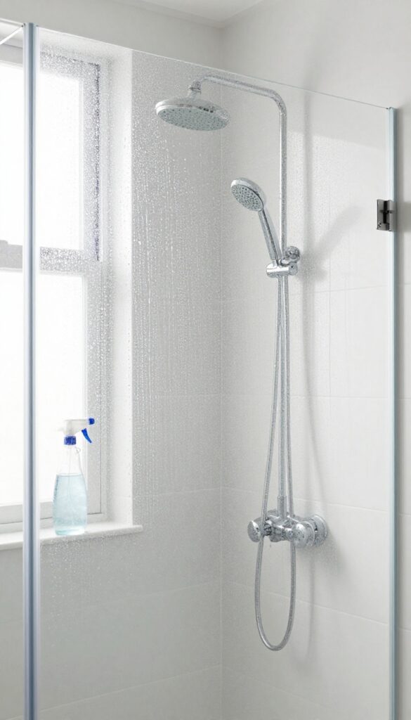 Clean shower glass door with water beads and a spray bottle of homemade cleaner