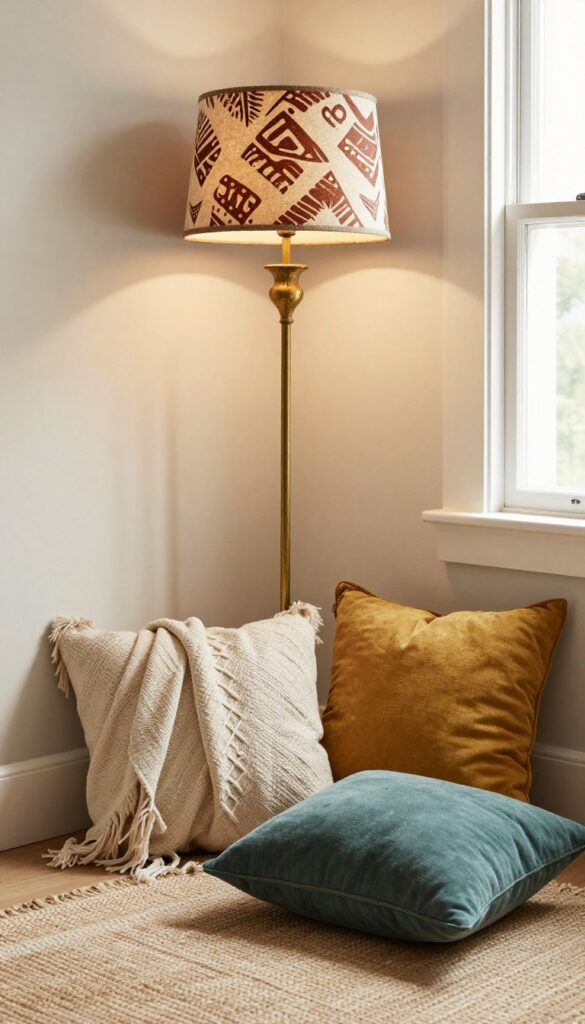 Cozy bohemian living room corner with a patterned floor lamp casting warm light on layered textiles and pillows.