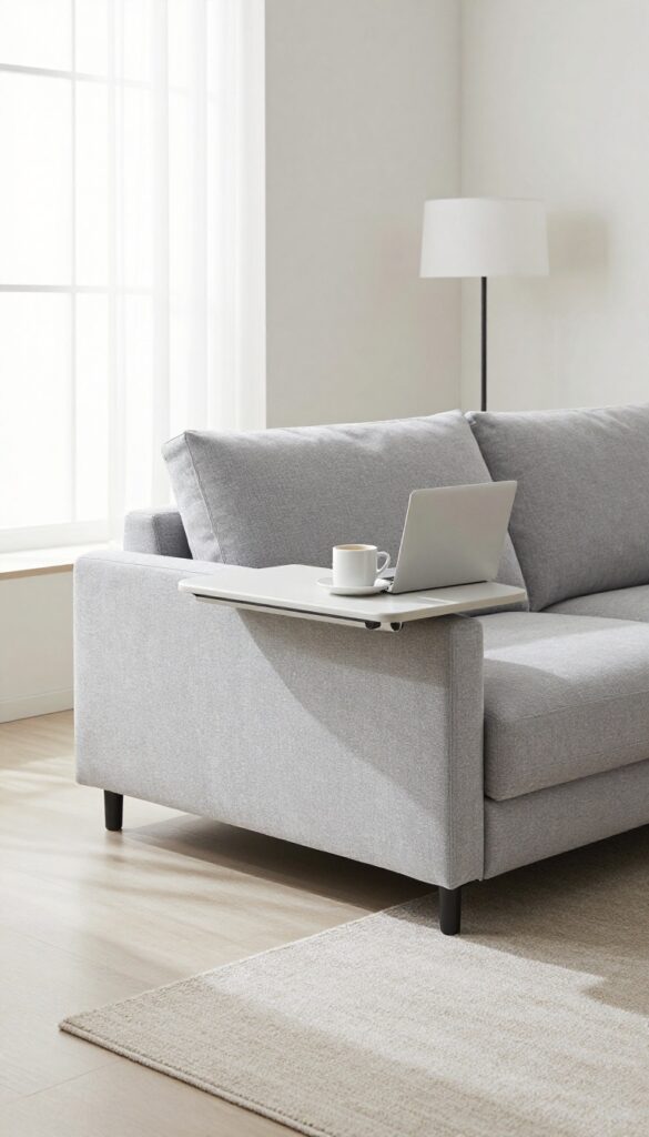 Sofa with drop-down table in a bright, minimal living room