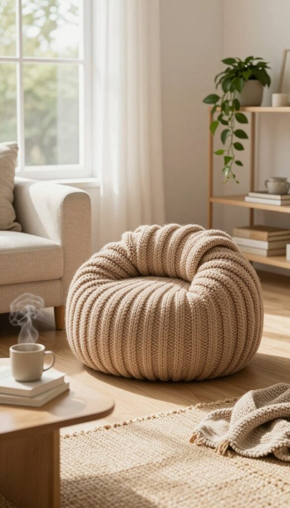 Cozy living room corner with a chunky knit pouf, coffee table, mug, books, and a sofa, bathed in warm natural light.