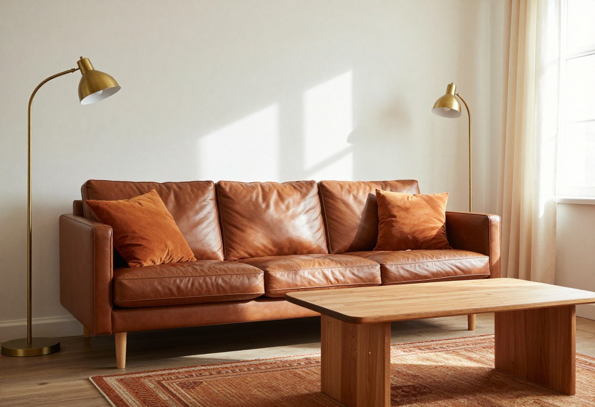 Cozy brown and orange living room with leather sofa, rust rug, and warm lighting