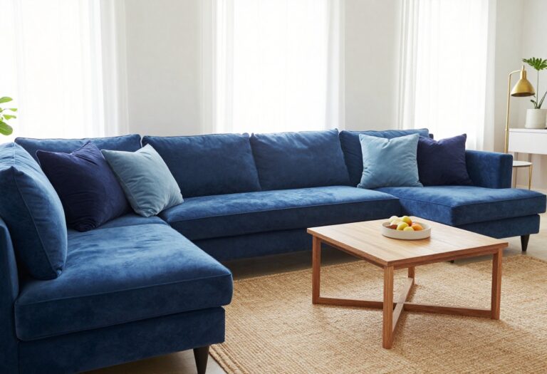 Cozy blue living room with velvet sofa, layered pillows, jute rug, and natural light