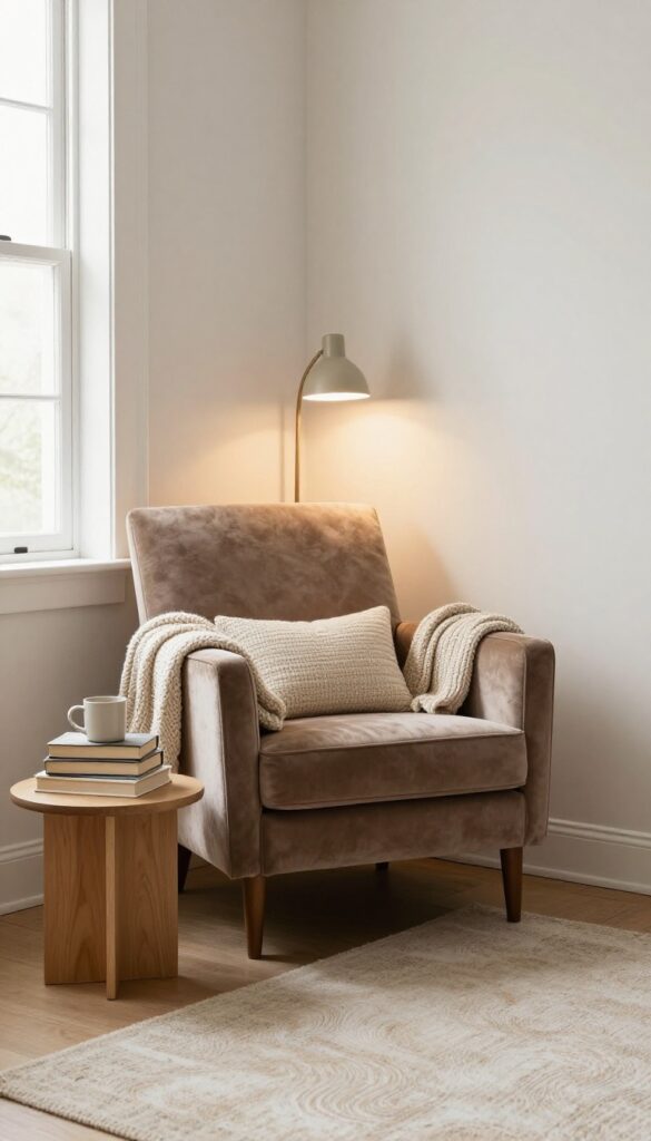 Cozy reading nook with armchair, floor lamp, side table, and soft textiles near a window