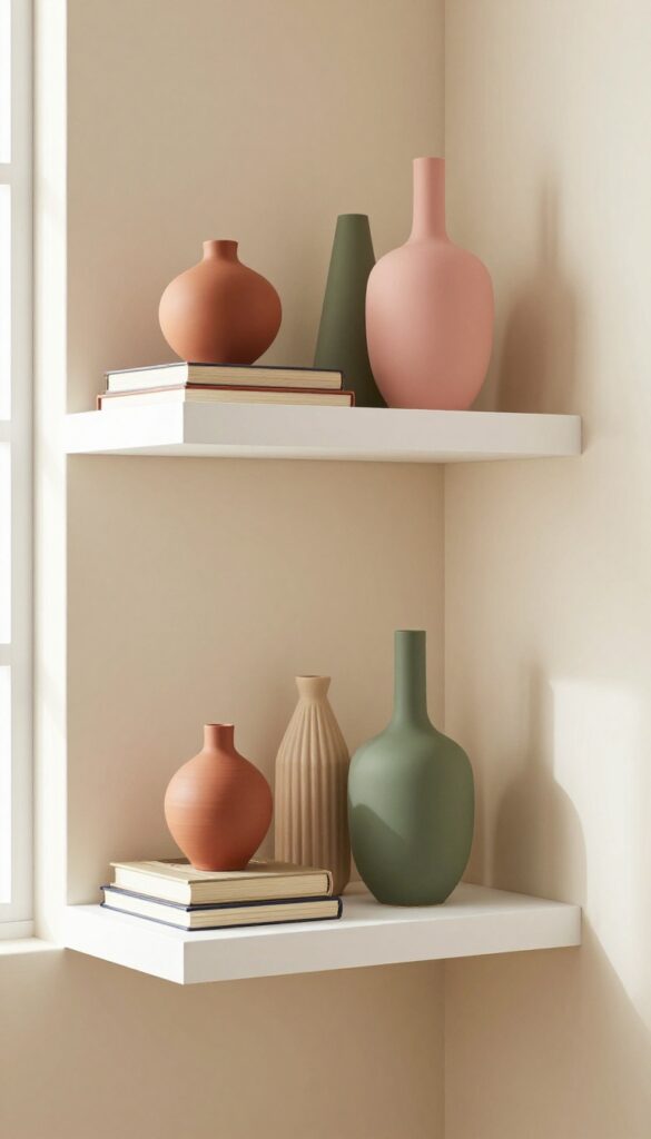 A curated shelf display with colorful vases and books in warm terracotta, blush, and olive tones on a white shelf, with soft natural light.