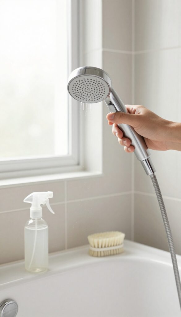 A clean shower corner with a sprayer, brush, and vinegar bottle in natural light