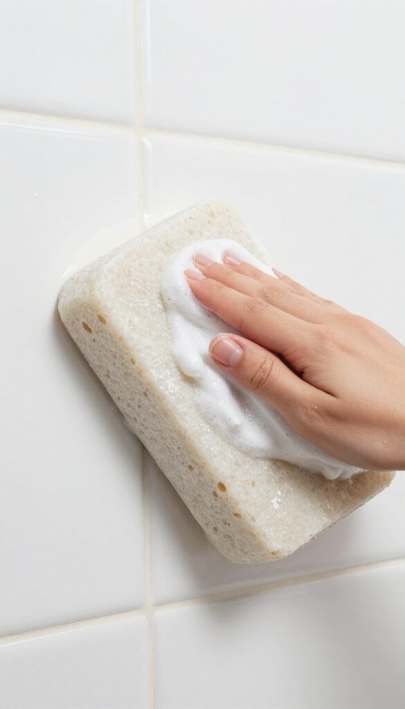 Pumice stone cleaning hard water ring on shower grout