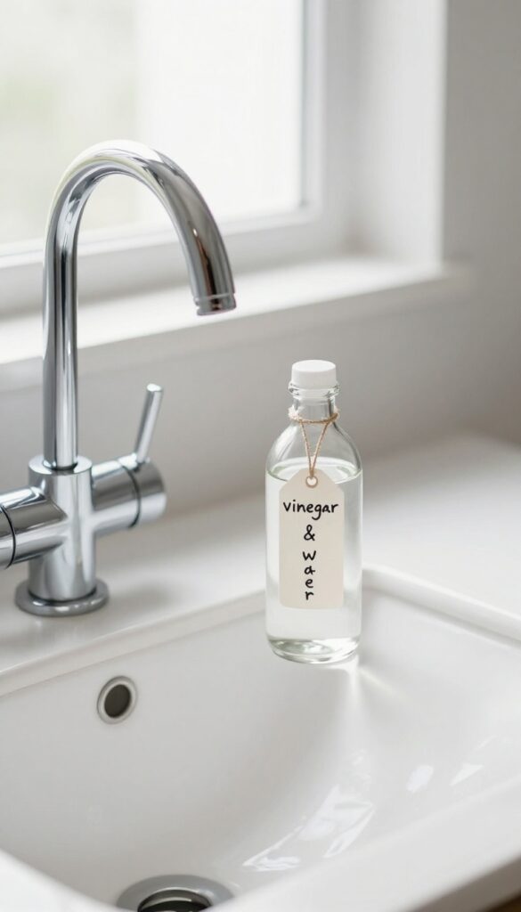 Spray bottle of vinegar and water on bathroom counter near chrome faucet