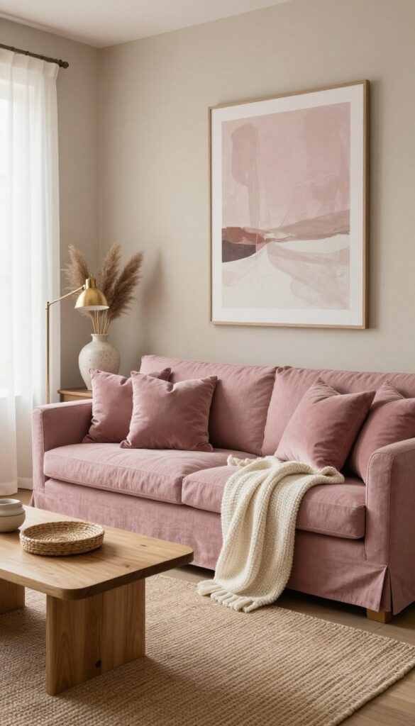 Cozy living room with dusty rose sofa and warm taupe walls, natural textures, and soft natural light