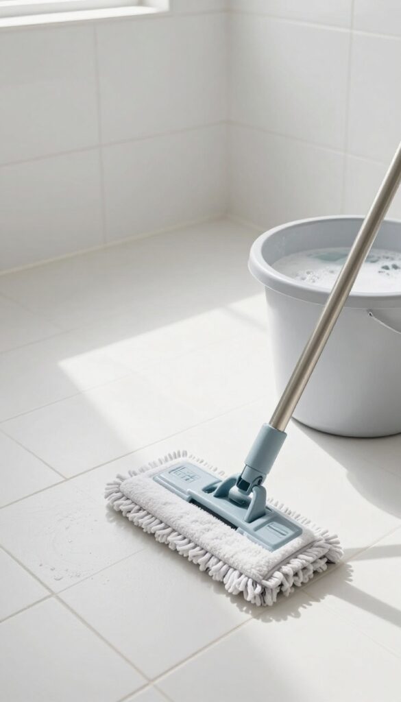 Mopping a clean bathroom floor with a microfiber mop