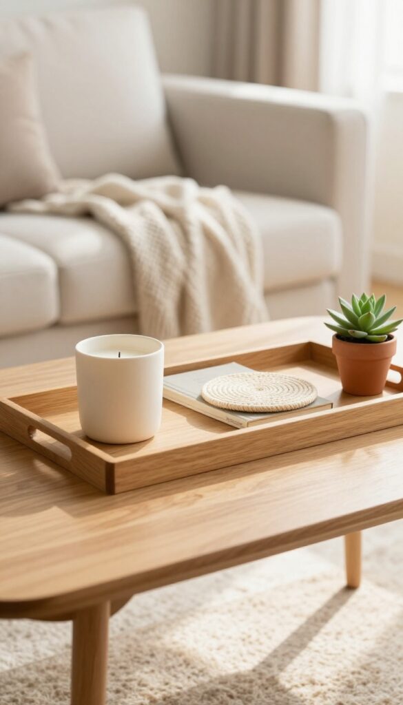 A coffee table with a wooden tray holding a candle, books, a coaster, and a succulent in soft natural light