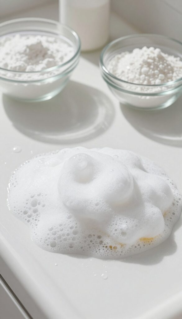 Baking soda and vinegar paste fizzing on a bathtub surface, cleaning soap scum.