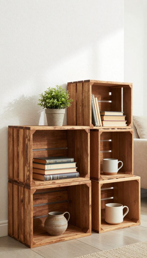 Thrifted wooden crates mounted as rustic shelving on a wall, decorated with a plant and books.
