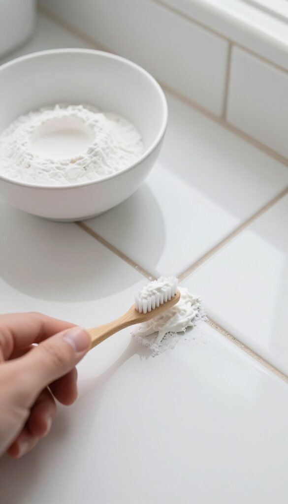 Person applying baking soda and vinegar paste to dirty grout lines on a white tile floor