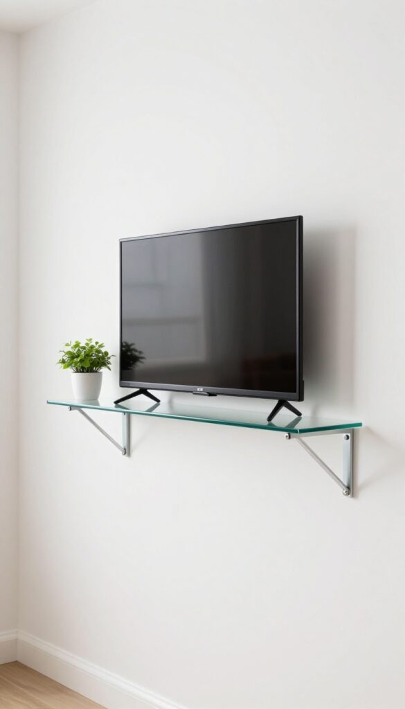 Clear glass shelf mounted on wall with TV appearing to float, minimalist small living room, bright natural light
