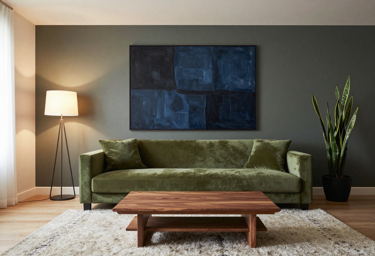 Moody modern living room with dark accent wall, velvet sofa, and abstract art