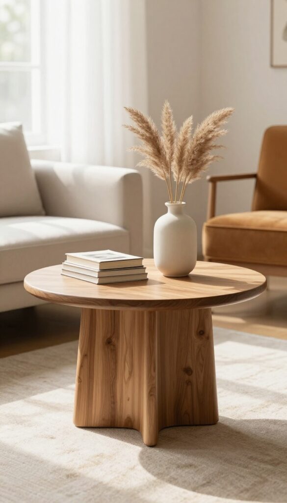 Sculptural kidney-shaped coffee table with fluted base, styled with vase and books in bright living room