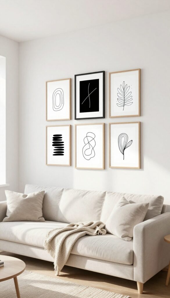 Modern living room with minimalist gallery wall of black and wood frames, simple artwork, light sofa, cozy textures, natural light.